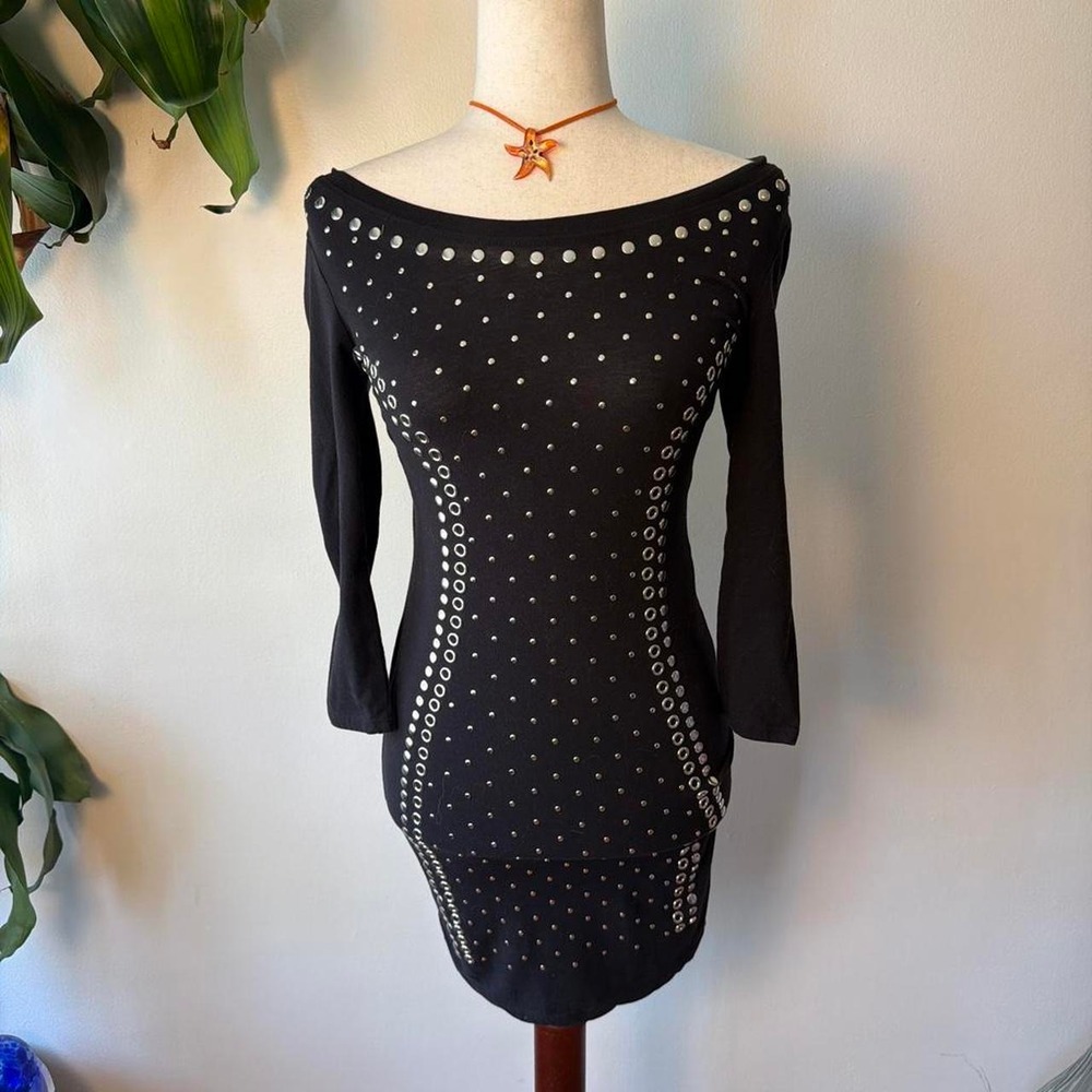 Bozzolo Black Studded Off Shoulder Mini Dress Long Sleeve Indie Sleaze Small